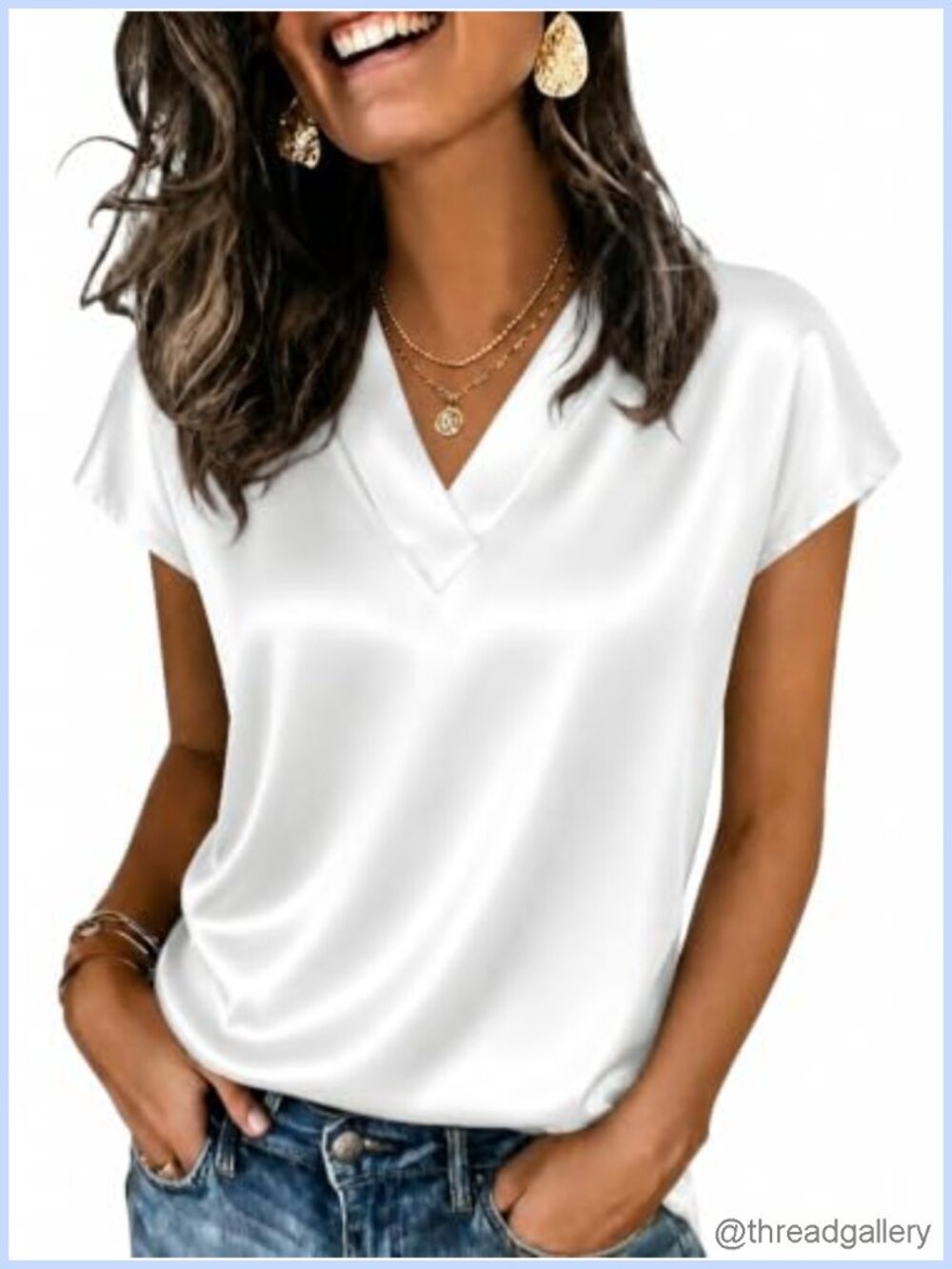 Satin Silky Cap Short Sleeve Blouse V-Neck Loose Fit Dressy Casual Top